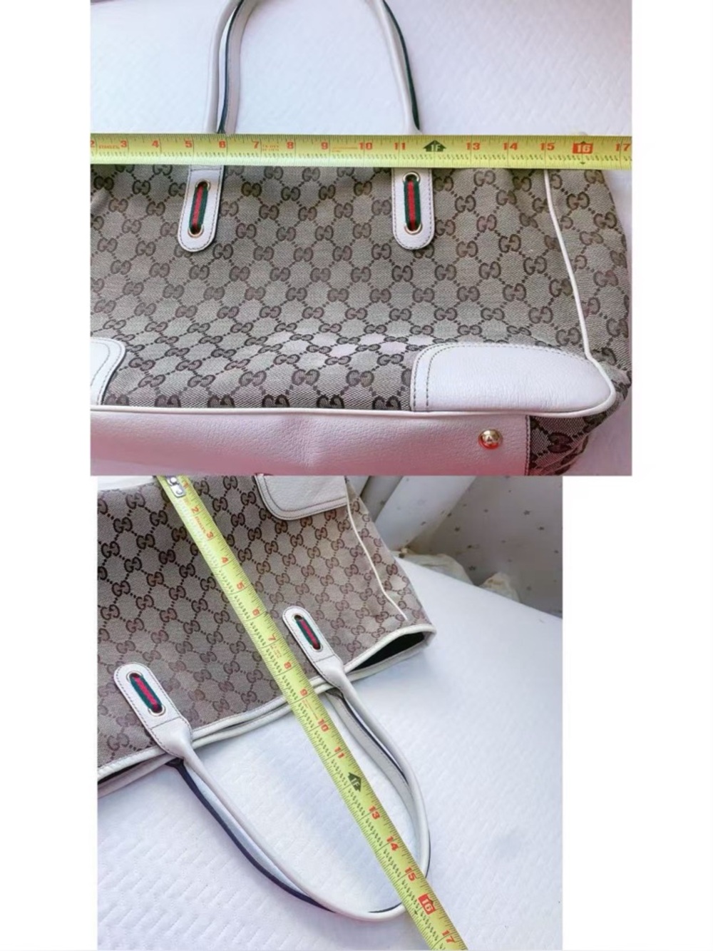 GUCCI GG Canvas Sherry Line Princy White Leather Tote Bag Shoulder Bag Authentic - Picture 14 of 14